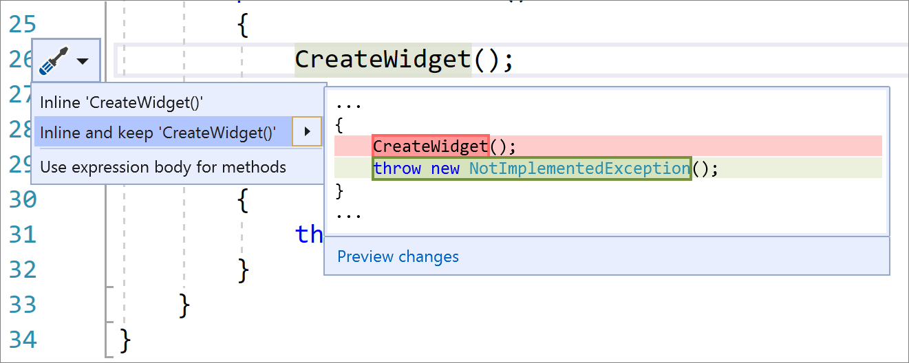 Screenshot du menu Actions rapides et refactorisations dans Visual Studio avec Convertir « Inline et conserver les modifications de code CreateWidget() » sélectionnées et C# affichées.