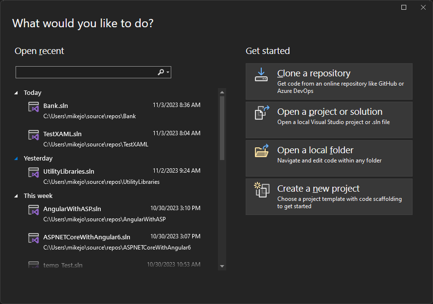 Capture d’écran de la fenêtre de démarrage dans Visual Studio 2022.