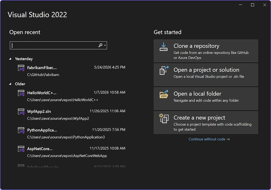 Capture d’écran de la fenêtre de démarrage dans Visual Studio 2022.