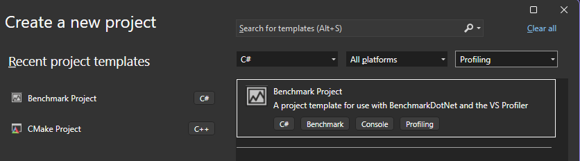 Capture d’écran du modèle BenchmarkDotNet dans Visual Studio.
