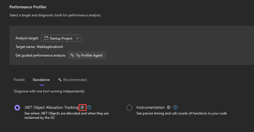 Capture d’écran montrant le bouton paramètres pour le suivi de l’allocation d’objets .NET.