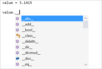Capture d’écran montrant les types d’achèvement de membre dunder privés dans l’éditeur Visual Studio.