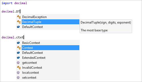 Capture d’écran qui montre la complétion des membres avec filtrage dans l’éditeur Visual Studio.