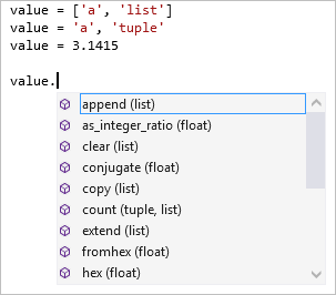 Capture d’écran montrant la complétion des membres sur différents types dans l’éditeur Visual Studio.