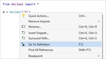 Capture d’écran montrant la commande Atteindre la définition dans Visual Studio.