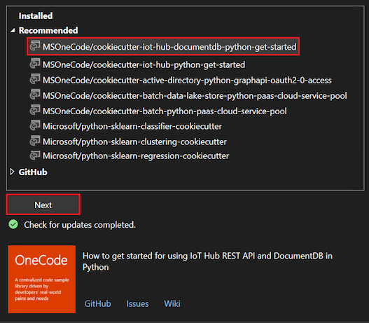 Capture d’écran montrant comment sélectionner un modèle de clonage dans l’Explorateur Cookiecutter dans Visual Studio.