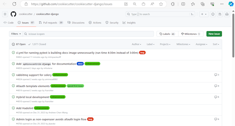 Capture d’écran montrant la liste des problèmes signalés pour un modèle dans GitHub.