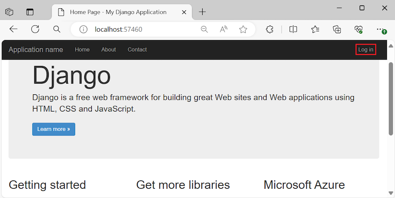 Capture d’écran montrant l’option Se connecter dans la barre de navigation dans l’application web Django en cours d’exécution.