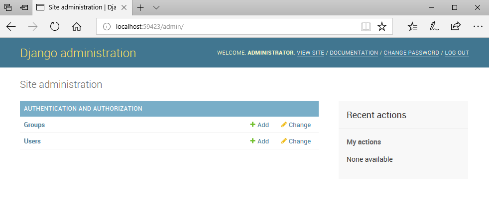 Capture d’écran montrant l’une des vues de page disponibles pour le super utilisateur Django et la barre de navigation mise à jour avec l’option Déconnexion.