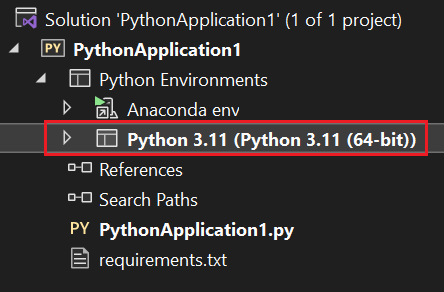 Screenshot qui montre comment Visual Studio montre le nom de l’environnement actif dans une police en gras dans Explorateur de solutions.