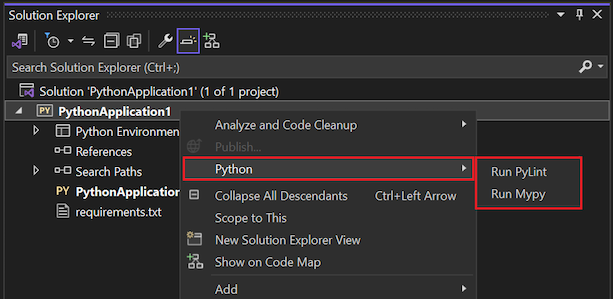 Capture d’écran montrant les commandes de linting disponibles pour les projets Python dans l’Explorateur de solutions.