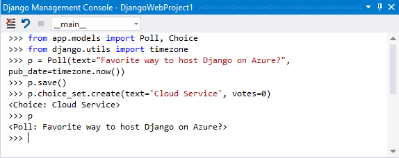 Capture d’écran montrant les résultats de la commande Open Django Shell dans Visual Studio.