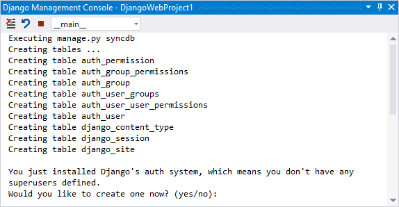 Capture d’écran montrant le résultat de la commande Django Sync DB dans Visual Studio.