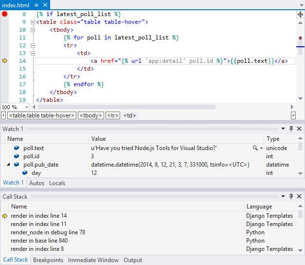Capture d’écran montrant les points d’arrêt du débogueur utilisés dans le développement Django dans Visual Studio.