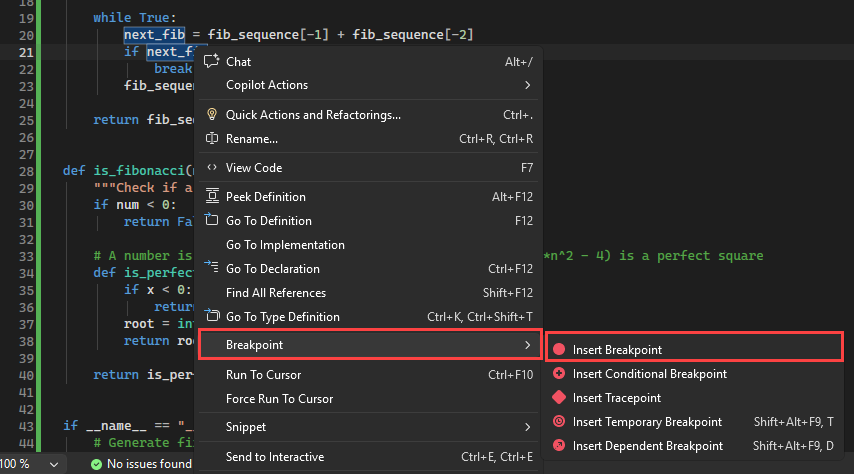 Capture d'écran montrant comment les points d’arrêt sont affichés dans la marge gauche du fichier de code dans Visual Studio.
