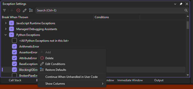 Capture d'écran qui affiche la fenêtre des paramètres des exceptions dans le débogueur de Visual Studio.