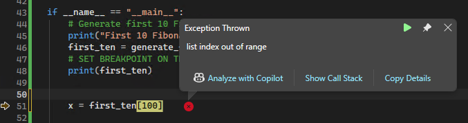 Capture d'écran qui affiche une fenêtre contextuelle d'exception pour une erreur non gérée dans le débogueur Visual Studio.