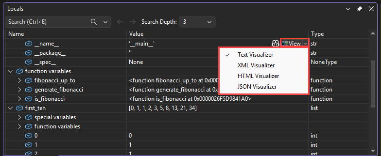 Capture d’écran montrant comment accéder aux visualiseurs depuis la fonction de zoom dans le débogueur Visual Studio.