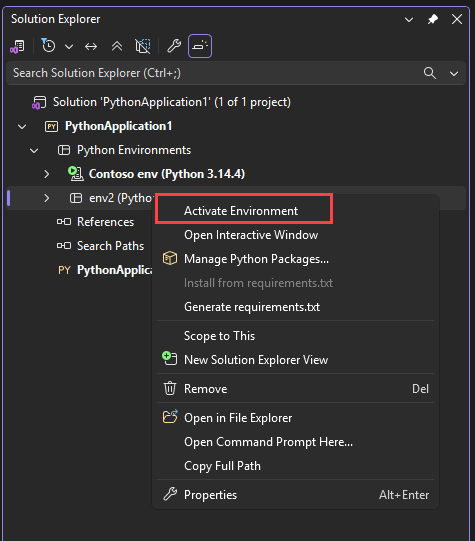 Screenshot qui montre comment activer un environnement de projet dans Visual Studio.