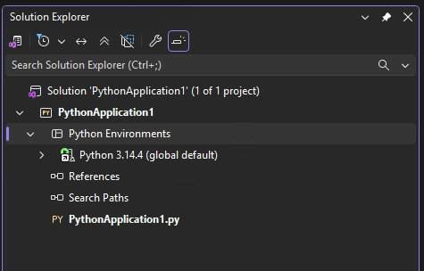 Screenshot qui affiche l’environnement de Python par défaut global d’un projet dans Explorateur de solutions dans Visual Studio.