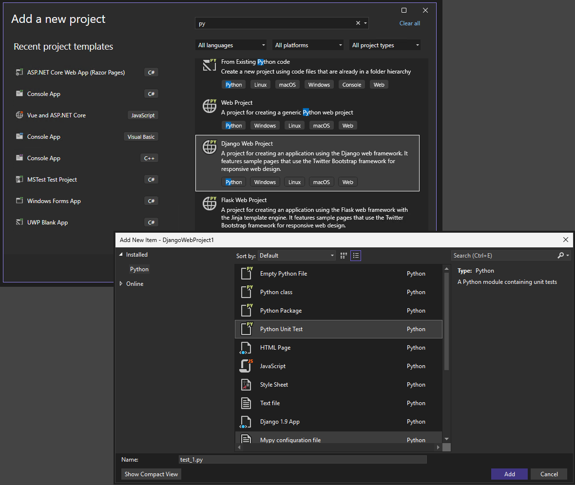 Capture d’écran des modèles de projet et d’élément Python dans Visual Studio.