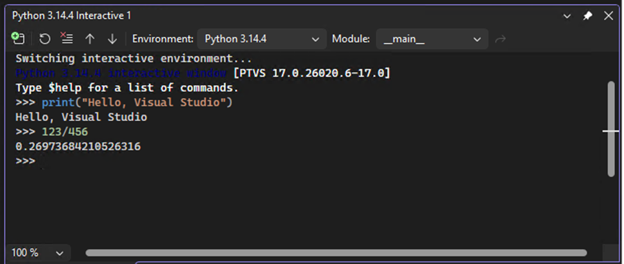 Capture d’écran montrant comment la fenêtre interactive affiche les résultats immédiats du code que vous entrez dans Visual Studio.