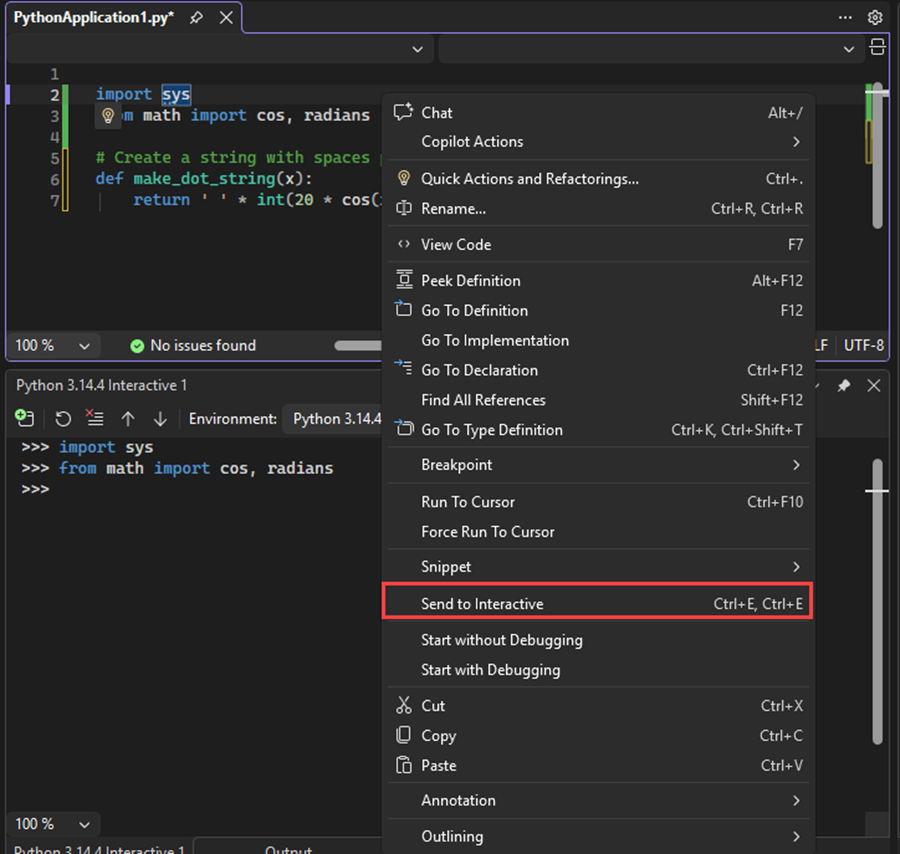 Capture d’écran montrant comment envoyer du code pour les instructions d’importation et de provenance vers la fenêtre interactive dans Visual Studio.