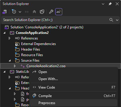 Capture d’écran montrant le menu contextuel d’un fichier C++ avec l’option Prétraitement mise en surbrillance