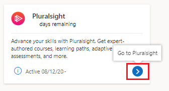 Capture d’écran montrant la vignette d’avantage Pluralsight dans l’abonnement Visual Studio après l’activation.