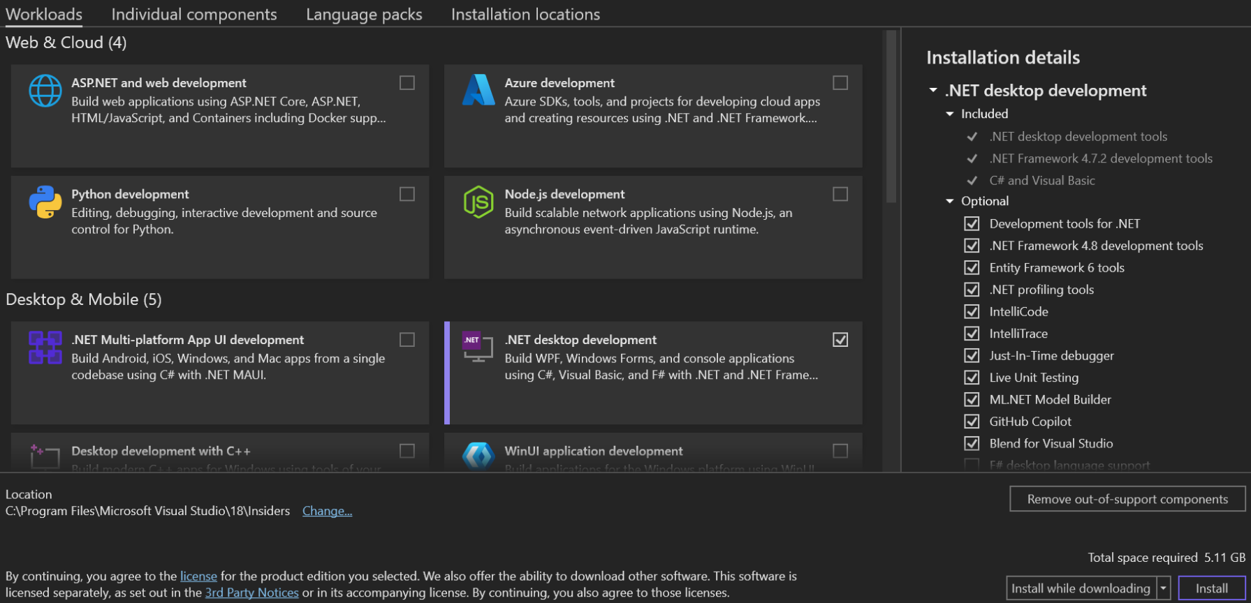 Screenshot affichant les options de personnalisation disponibles sous l’onglet « Charges de travail » pour Visual Studio Enterprise.