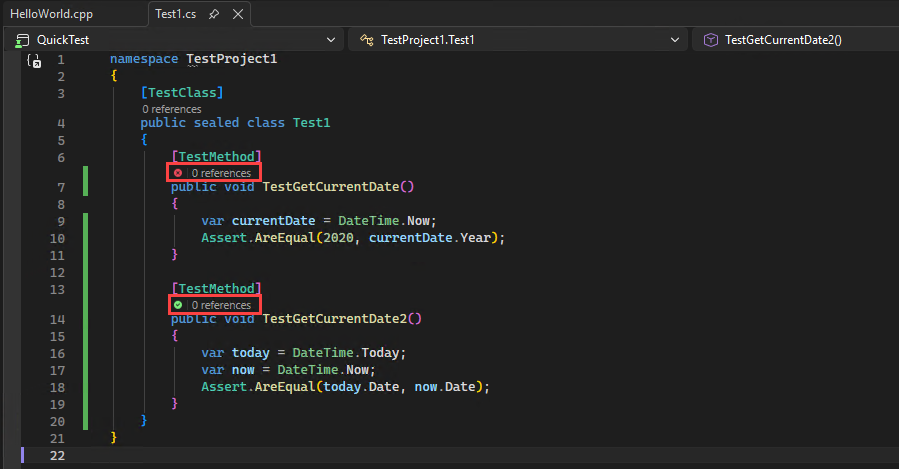 Capture d’écran montrant les icônes CodeLens C++ dans Visual Studio.