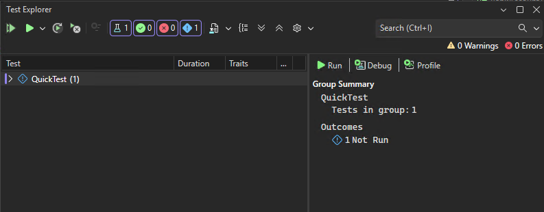 Capture d’écran montrant l’Explorateur de tests avant d’exécuter des tests dans Visual Studio.