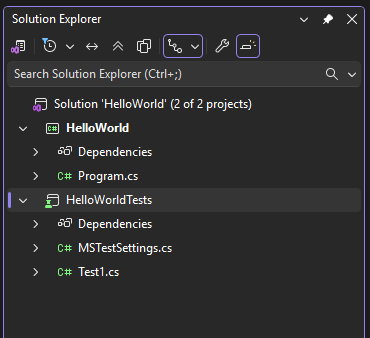 Screenshot qui affiche un projet de test unitaire dans Explorateur de solutions.