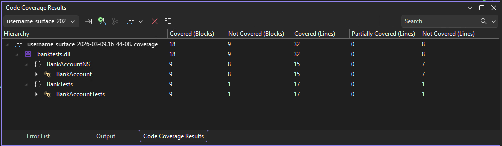 Capture d’écran de la fenêtre Résultats de la couverture du code.