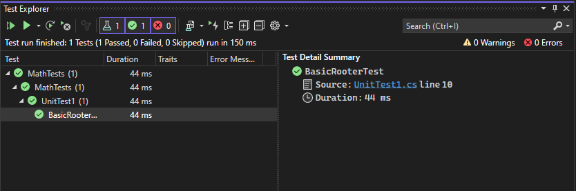 Explorateur de tests montrant un test réussi