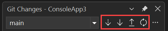 Capture d’écran montrant la fenêtre Modifications Git avec les contrôles de bouton Fetch, Pull, Push et Sync mis en surbrillance dans Visual Studio.