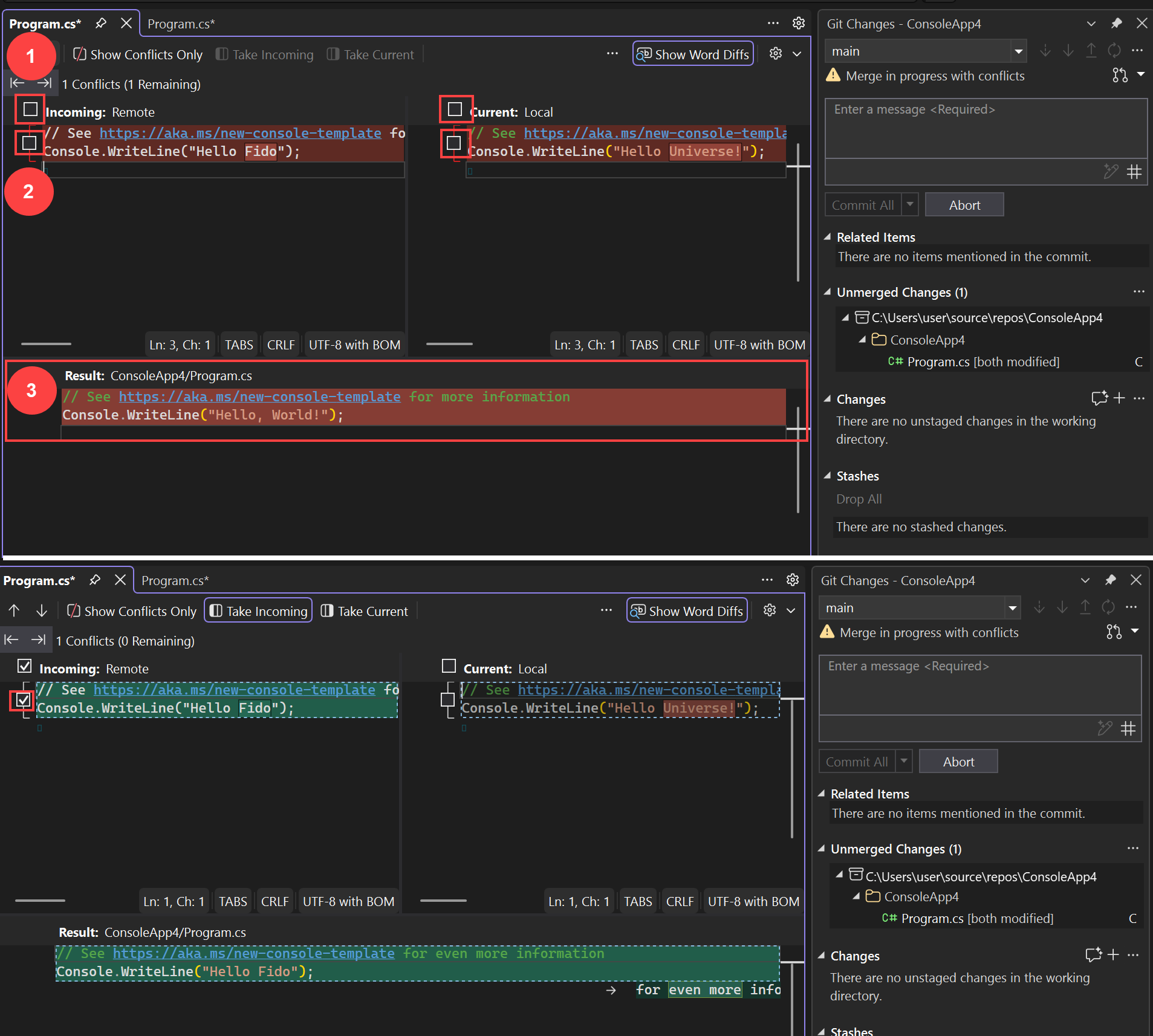 Capture d’écran montrant comment résoudre un conflit de fusion dans Visual Studio.