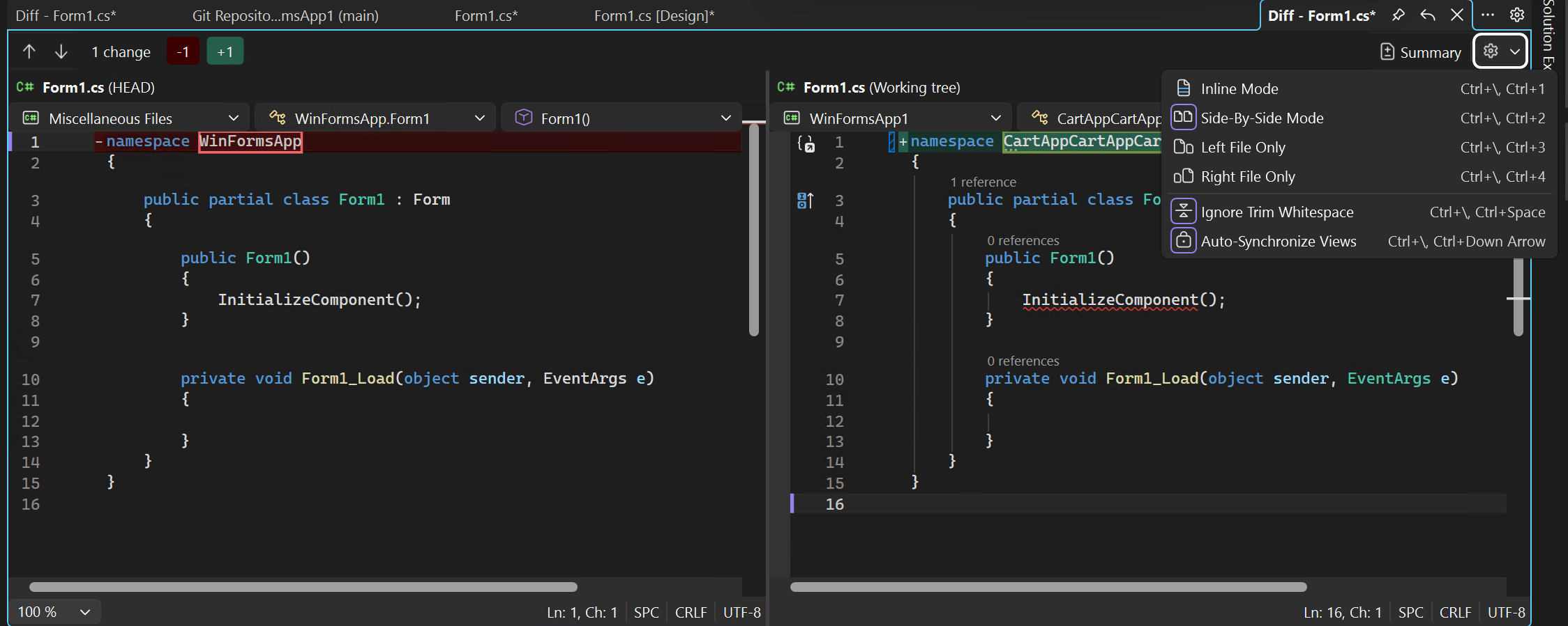 Capture d’écran montrant la comparaison ligne par ligne des versions de fichiers dans Visual Studio.