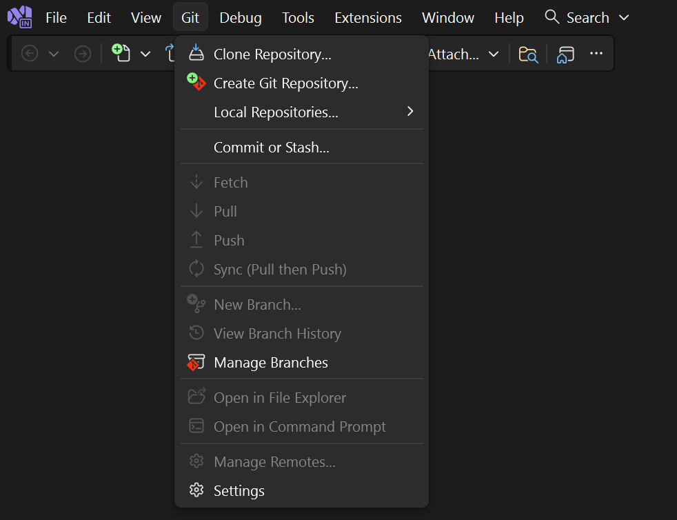 Capture d’écran montrant l’option cloner le référentiel complet à partir du menu Git dans Visual Studio.