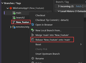 Capture d’écran du rebasage de branches dans Visual Studio.