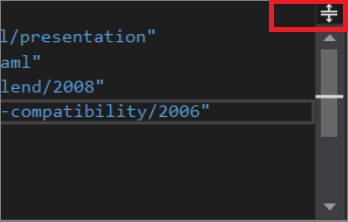 Capture d’écran montrant le volet central de l’éditeur de code XAML dans Visual Studio avec le bouton Fractionner mis en surbrillance en haut à droite du volet.