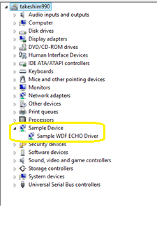 Capture d’écran de l’arborescence Device Manager mettant en évidence l’exemple de pilote d’écho WDF.