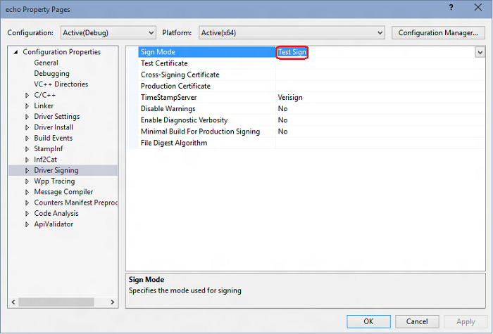 Capture d’écran de la page de propriétés echo dans Visual Studio mettant en évidence le paramètre de mode de signature.