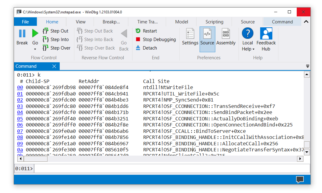 Capture d’écran d’une trace de pile dans WinDbg.