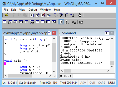 Capture d’écran du code source affiché dans WinDbg.