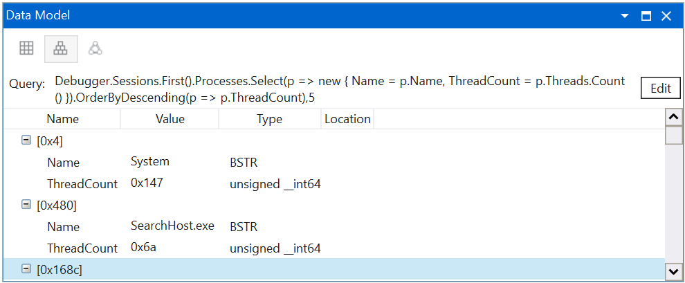 Capture d’écran de la fenêtre Modèle de données affichant les processus et les threads dans WinDbg.