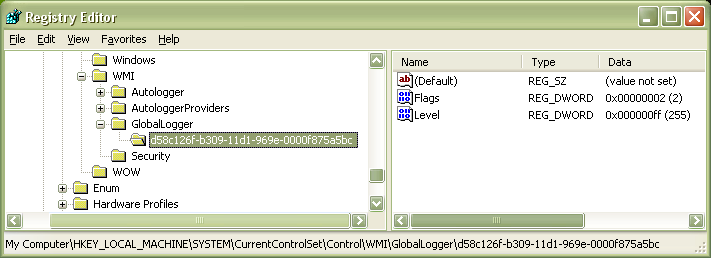 Capture d’écran de la sous-clé d’un fournisseur de suivi qui journalise la session de suivi Global Logger sur Windows XP.