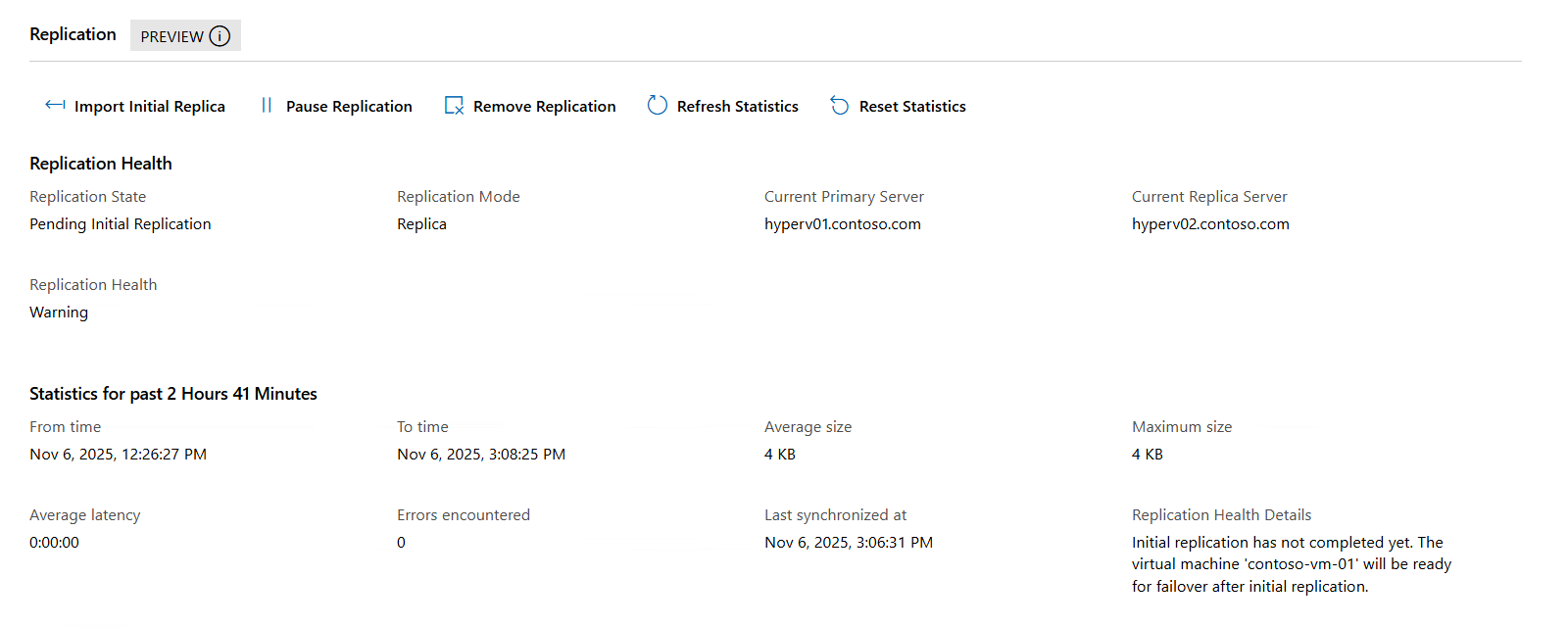 Capture d'écran de la section Réplication de VM d'espace réservé dans Windows Admin Center, avec l'action Importer le réplica initial mise en surbrillance.