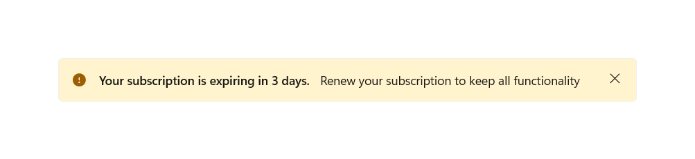 Exemple d'une barre d'informations en état d’avertissement avec un bouton de fermeture et un message