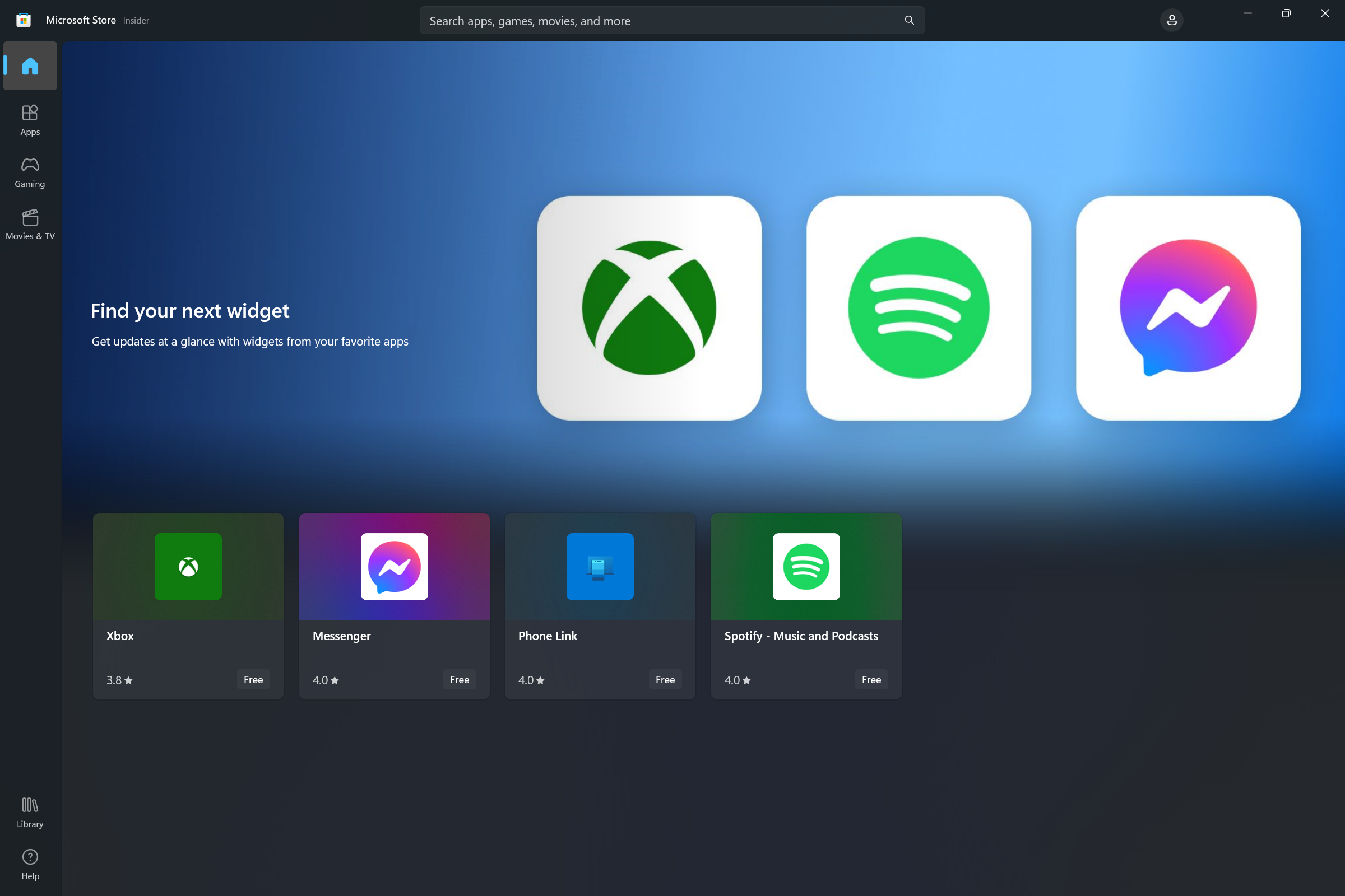 Screencast du Microsoft Store affichant la collection de widgets qui permet aux utilisateurs de découvrir les applications mettant en avant les Windows Widgets.